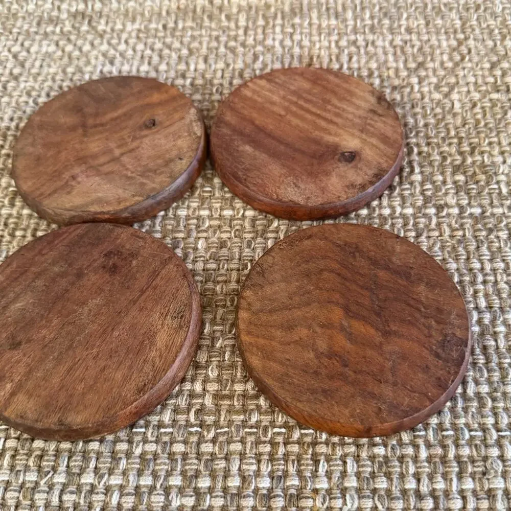 Wood hand carved intricate floral coasters x4